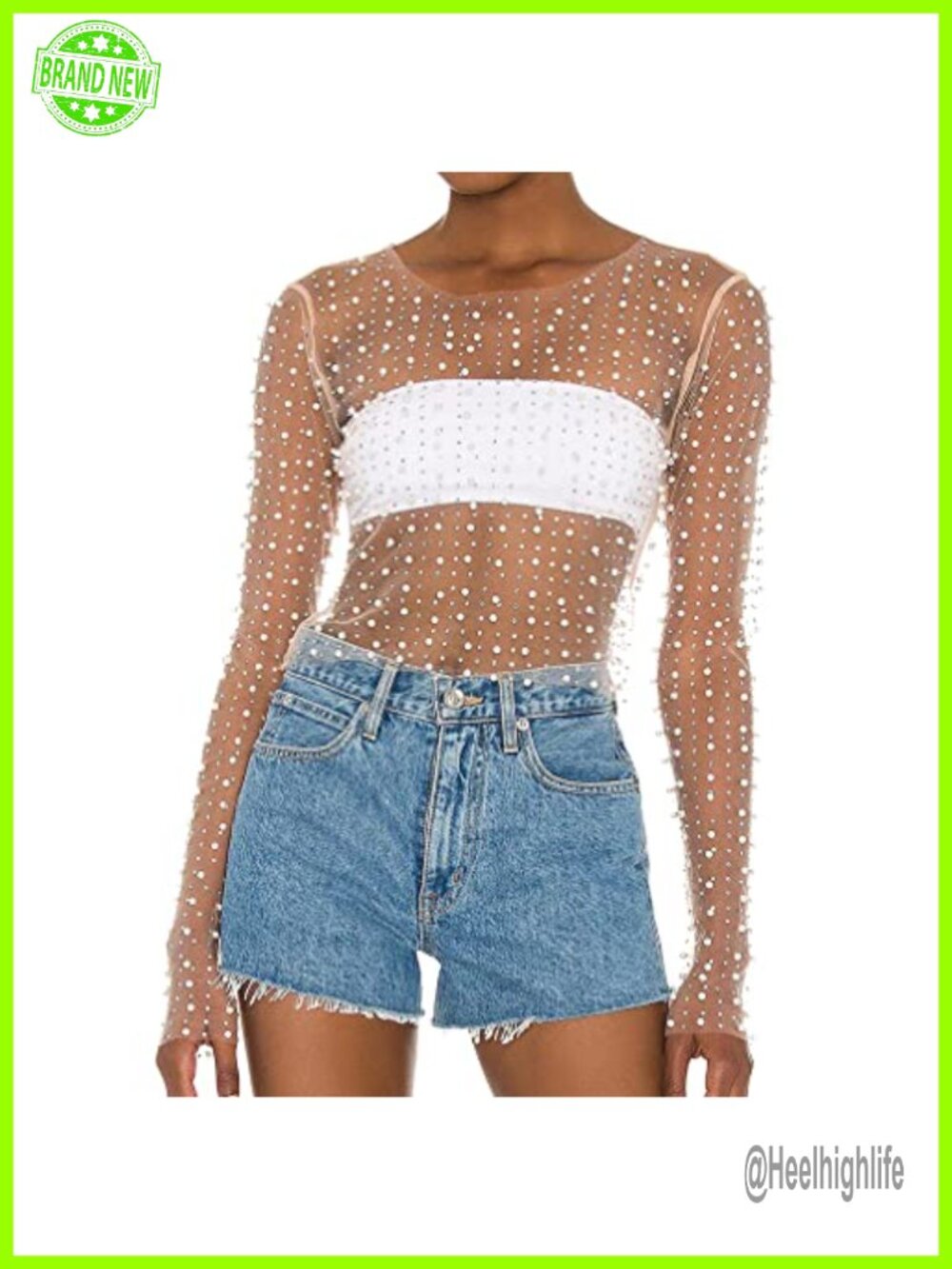 Sheer Mesh Crop Top with Pearls Rhinestone Long Sleeve Blouse Clubwear